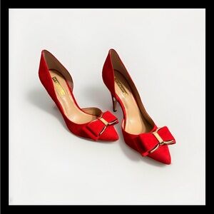 BCBG Red Pointed-Toe Bow Pumps with Gold Accent